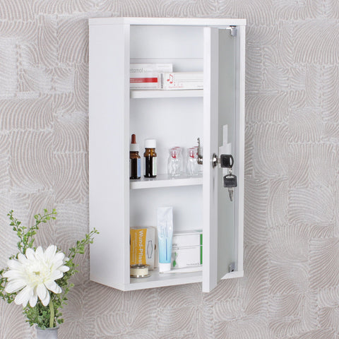 Rootz Medicine Cabinet -  White Wood - Lockable with 3 Compartments - Glass Door First Aid Cabinet with Cross - Wall-Mounted Medicine Chest -  26 x 48 x 12 cm