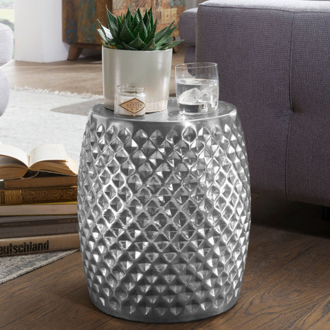 Rootz Serving Table - Silver Aluminum - Oriental Round Coffee Table - Hammered Metal Living Room Table - Modern Indian Telephone Table - 32x42x32 cm