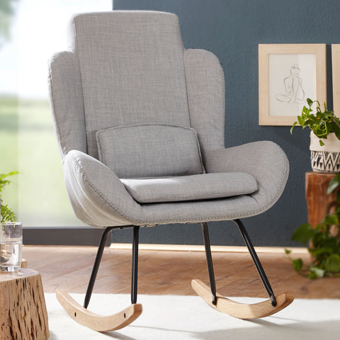 Rootz Rocchair - Moderne schommelfauteuil van grijze stof - Houten frame - Gestoffeerde relaxstoel - 75x110x88,5CM