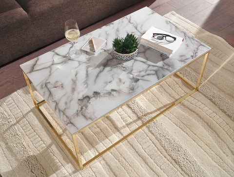 Rootz Coffee Table - Metal Frame Living Room Table - White-Gold Marble Look - Square Sofa Side Table - 100x60x40 cm