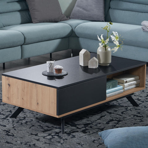 Rootz Coffee Table - Rectangular Living Room Table - Coffee Table with Storage and Drawers - Modern Table with Metal Legs - Oak Decor - Black MDF - 110x60x38 cm
