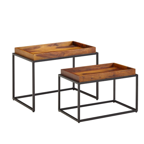 Rootz Couchtisch 2er-Set Sheesham-Massivholz – Satztisch aus Metall rechteckig – Industrie-Couchtisch mit abnehmbarem Tablett – Tabletttisch Sofa 2-teilig modern – Eckiger Beistelltisch 