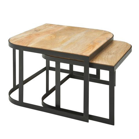 Rootz Couchtische – Leichter Wohnzimmertisch – Industrieller Beistelltisch mit schwarzen Metallbeinen – 2-teilige Tischsets aus Holz – Set aus 2 Mangoholz und Metall