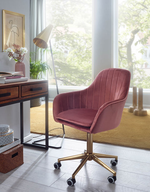 Rootz Desk Chair - Pink Velvet - Design Swivel Chair with Backrest - Height Adjustable - 120kg Work Chair - Shell Chair with Castors