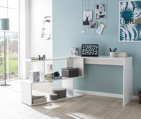 Rootz Eckschreibtisch – Matter Schreibtisch mit drehbarer Ablage – Modernes Design – großes Staufach – Weiß – 119 x 78 x 49 cm