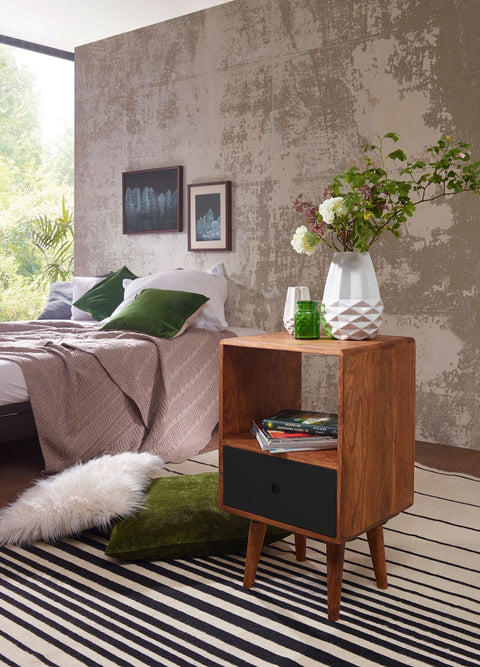 Rootz Nightstand -  Retro - Sheesham Wood - Dark Brown/Black - Design Nightstand - Large Bedside Table - 40x35x70 cm