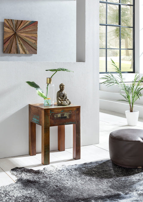 Rootz Bedside Table - Shabby-Chic - Mango Wood with Drawer - Dark Brown - Design Nightstand - Small Side Table - 40 x 40 x 55 cm