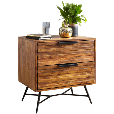 Rootz Side Table - Sheesham - Design Nightstand with Drawers - High Storage Cabinet - 60x60x40cm
