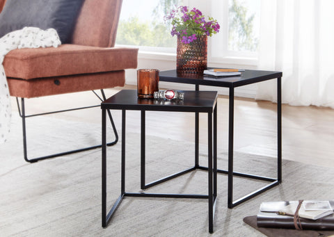 Rootz Metal Square Side Tables - Industrial Design - Set of 2 Square Coffee Table - Steel Nesting Tables - Black