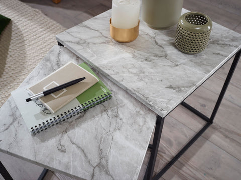 Rootz Bijzettafelset - Marmerlook - Zwart tafelframe - Moderne bijzettafels - Wit (set van 2)