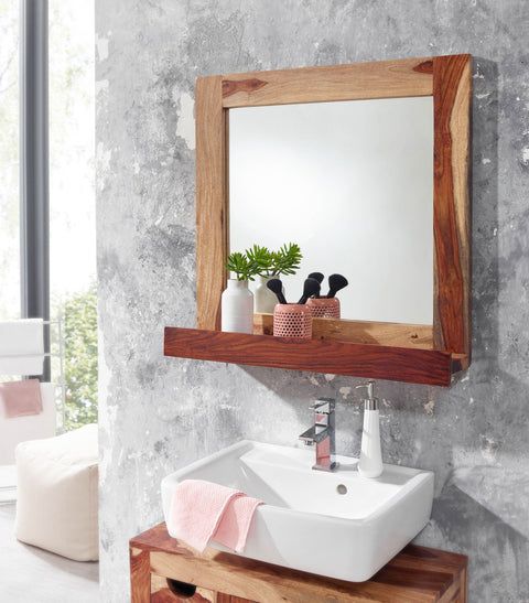 Rootz Bathroom Mirror - Wall-Mounted Design Mirror with Shelf - Modern and Stylish Bathroom Decor - Solid Sheesham Wood - 70x68x17 cm