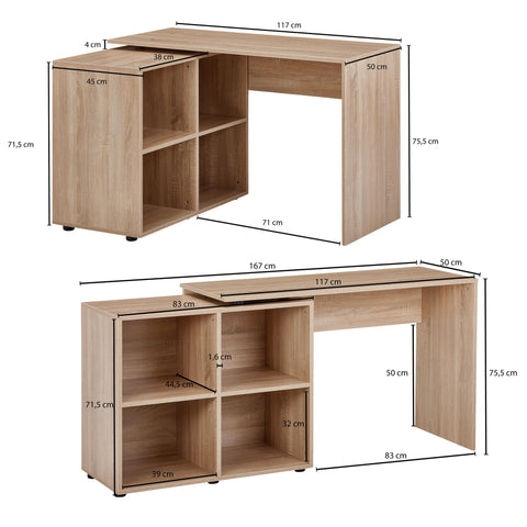Rootz Eckschreibtisch mit Regal – Sonoma Design – Moderner Büroschreibtisch für Arbeitszimmer und Heimbüro – 117 x 75,5 x 88 cm 