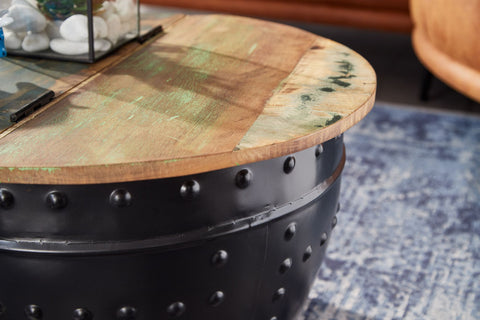 Rootz Industrieller runder Couchtisch – Mangoholz und Metall – Schwarz – Design-Wohnzimmertisch mit Stauraum – Moderner Lounge-Sofatisch – 60 x 36 x 60 cm 