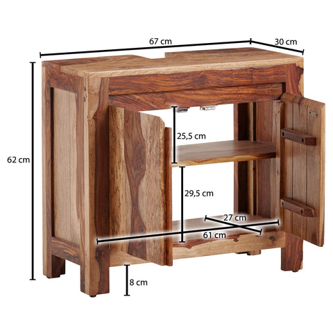 Rootz Bathroom Cabinet - Standing Base Cabinet with 2 Doors - Small and Stylish Midi Cabinet - Solid Sheesham Wood - 67x62x30 cm
