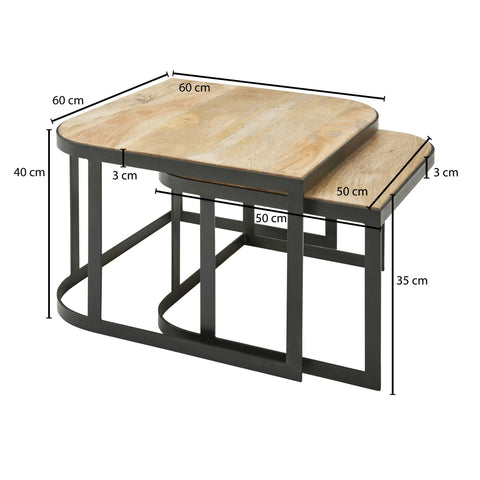 Rootz Couchtische – Leichter Wohnzimmertisch – Industrieller Beistelltisch mit schwarzen Metallbeinen – 2-teilige Tischsets aus Holz – Set aus 2 Mangoholz und Metall