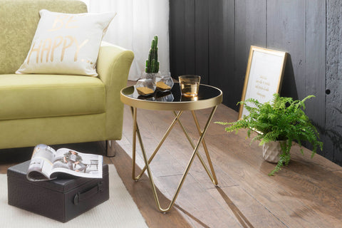 Rootz Side Table - Designer Glass - Round Black-Matt Gold - Metal Frame - Small Coffee Table