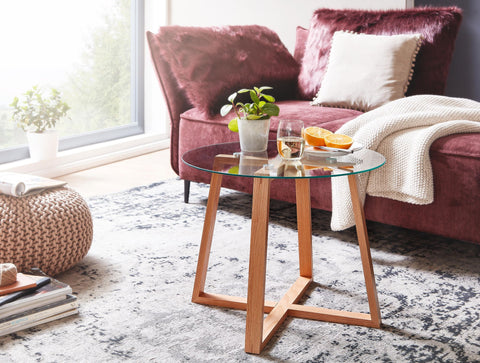 Rootz Couchtisch – Massive Eiche mit rundem Glas – Modernes Design für kleines Wohnzimmer – Holztisch – 58 x 58 x 47 cm