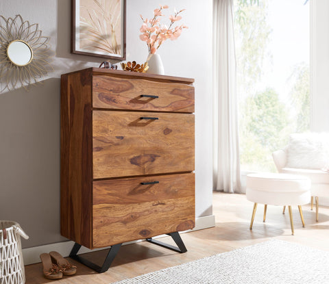 Rootz Chest of Drawers - Metal Hall Chest of Drawers - Highboard Sideboard with Tree Edge - Modern Wood Dresser Cabinet - Standing Cupboard - Solid Sheesham Wood - 80x120x41.5 cm