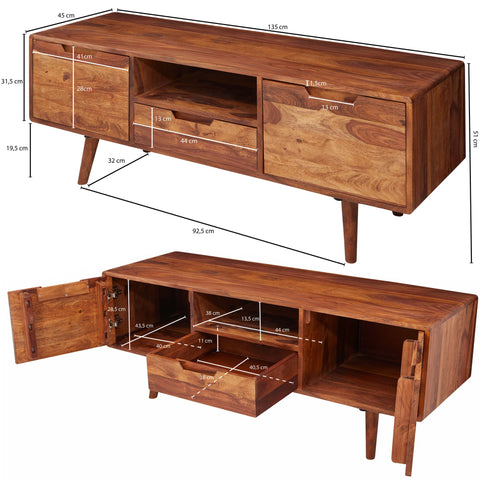 Rootz TV Dresser - HiFi Lowboard - Sheesham Wood - Country Style TV Dresser - Base Cabinet with Drawer & 2 Doors - 135x51x45cm