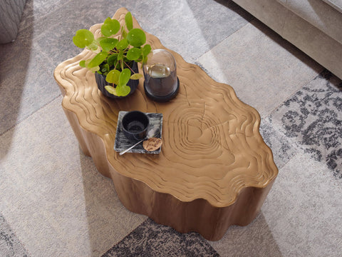 Rootz Tree Trunk Coffee Table - Modern Design - Large Living Room Table - Gold Metal - 80x45x35 cm