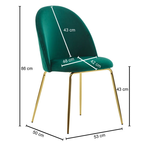 Rootz Dining Chair - Set of 2 Velvet Green Upholstered - Kitchen Chair with Golden Legs - Scandinavian Shell Chair - Upholstered Chair with Velvet Cover