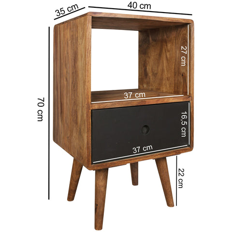 Rootz Nightstand -  Retro - Sheesham Wood - Dark Brown/Black - Design Nightstand - Large Bedside Table - 40x35x70 cm