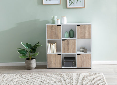 Rootz Bookcase - Sonoma - 9-Compartments - Modern Cube Shelf with Doors - Room Divider and Storage - Living Room Shelf - 89x91x29cm