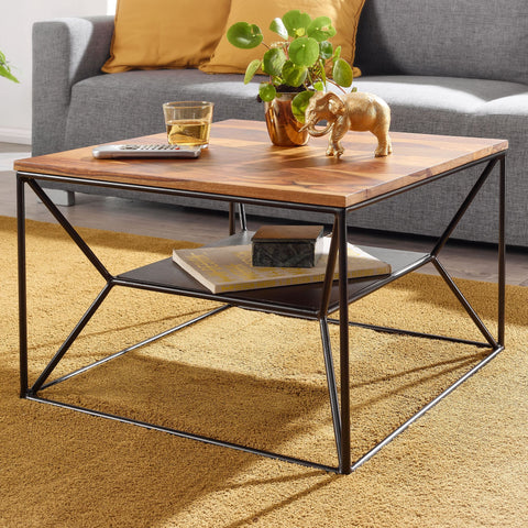 Rootz coffee table 60x60x40 cm solid sheesham wood - metal living room table - Industrial coffee table with storage - Lounge table with storage compartment - Coffee table side table Square