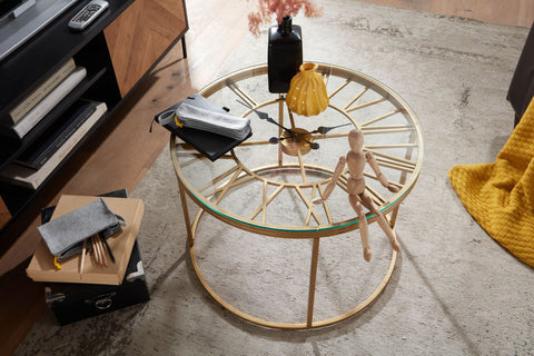 Rootz Gold Coffee Table with Decorative Clock - Glass & Metal - Modern Design - Small Round Table - 60x60x43 cm