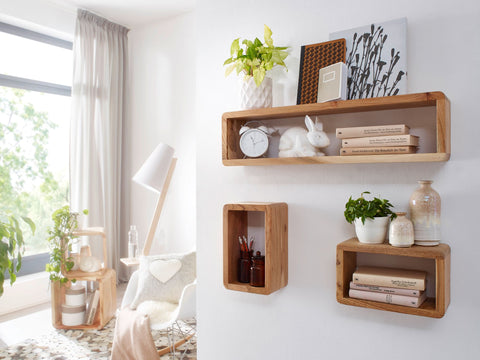 Rootz Wall Shelves - Set of 3 Wooden - Acacia - Country Style - Rustic Design - Square Hanging Shelves - Real Wood - Wall Shelves - Hanging Dice - Shelf Wall Boxes
