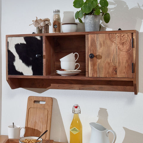 Rootz Wall Hanging Kitchen Shelf - Small Design with Doors - Floating Spice Rack - Solid Acacia Wood - 80x36x17 cm