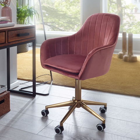 Rootz Desk Chair - Pink Velvet - Design Swivel Chair with Backrest - Height Adjustable - 120kg Work Chair - Shell Chair with Castors