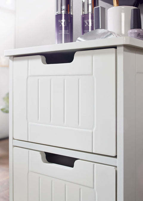 Rootz Bathroom Cabinet - Country Style - MDF Wood - White - Small Cabinet with 4 Drawers - Multi-purpose Side Cabinet - 30x83x30cm