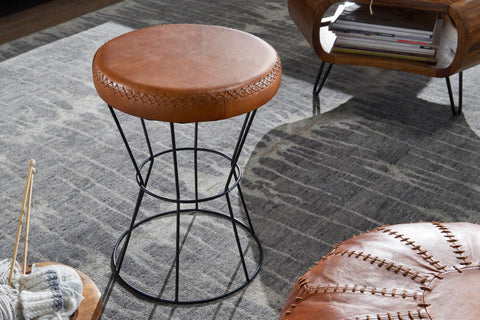 Rootz Hocker – Echtes Leder – Rundes Design – Dekorativer braun gepolsterter moderner Lederhocker – Metall – 35 x 48 x 35 cm 