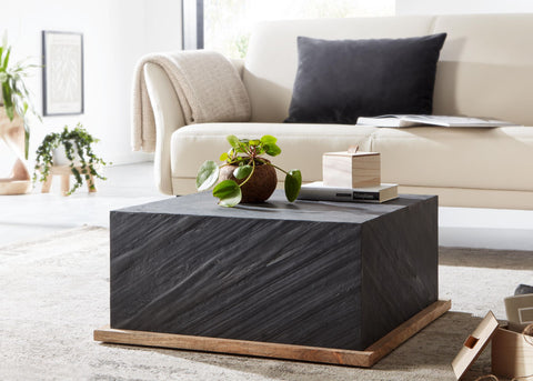 Rootz Salontafel - Modern Vierkant Design Woonkamertafel - Salontafel met stenen blad - Salontafel voor Woonkamer - Antraciet Mango Massief Hout - 65x65x30 cm 