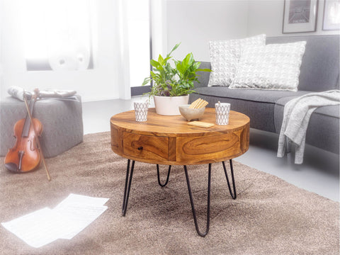 Rootz Runder Couchtisch – Sheesham-Massivholz – Metallbeine – Beistelltisch mit Schubladen – kleiner brauner Tisch – (60 x 44,5 x 60 cm)