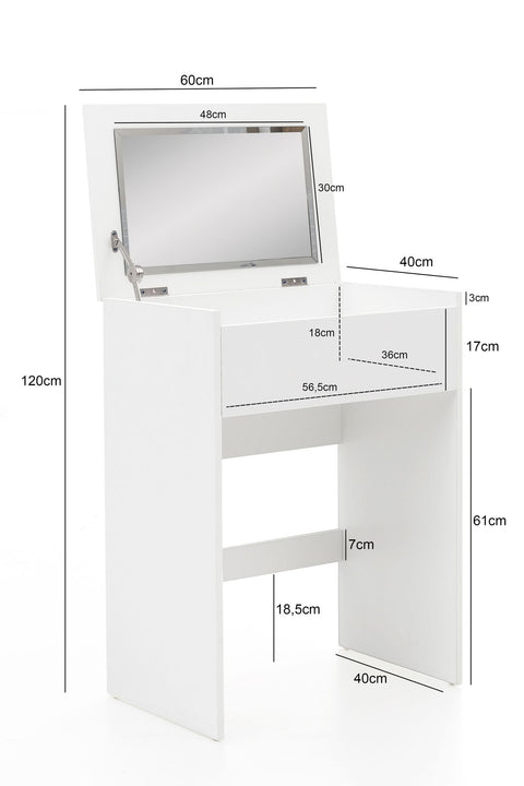Rootz Kaptafel - Moderne Houten Consoletafel met Kruk en Spiegel - Wit - 60x81x40cm