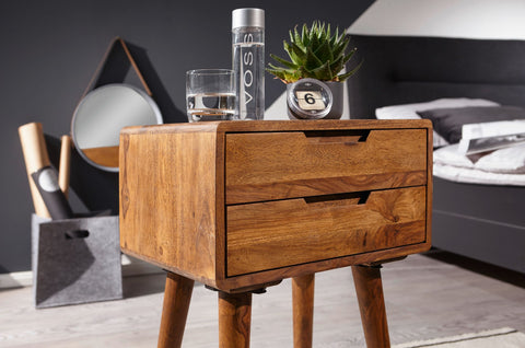 Rootz Bedside Table - Sheesham Wood - 2 Drawers - Country Style - Modern Nightstand for Boxspring Beds - 47x66x36cm