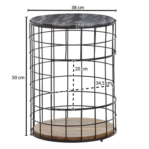 Rootz Bijzettafel - Marmeren Blad Hout-Metalen Mand - Rond Design met Opbergruimte - Moderne Zwarte Woonkamertafel - Bijzettafel - 38x38x50 cm