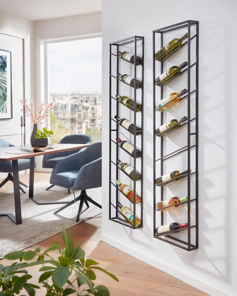 Rootz Bottle Rack -  Large Wall-Mounted - Holds 8 Bottles - Design Kitchen Shelf - Black Metal - 36x150x8 cm