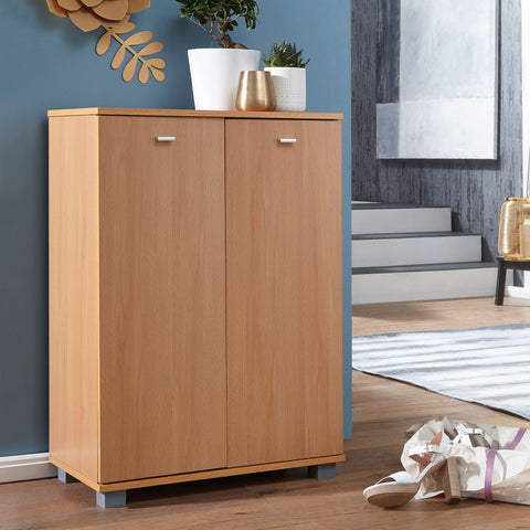 Rootz Shoe Cabinet - Modern Design - Beech Wood - 12 Pairs - 4 Compartments - 2 Doors - Space-saving Shoe Rack - 60 x 90 x 35 cm