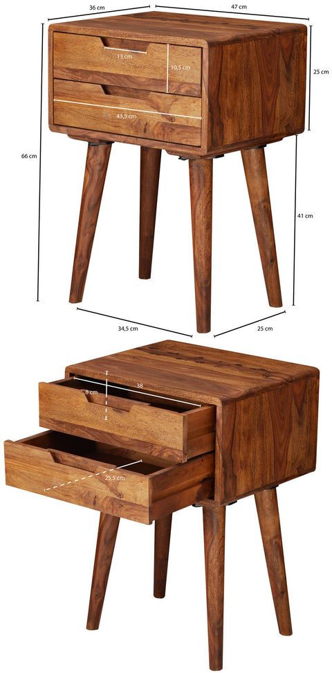 Rootz Bedside Table - Sheesham Wood - 2 Drawers - Country Style - Modern Nightstand for Boxspring Beds - 47x66x36cm
