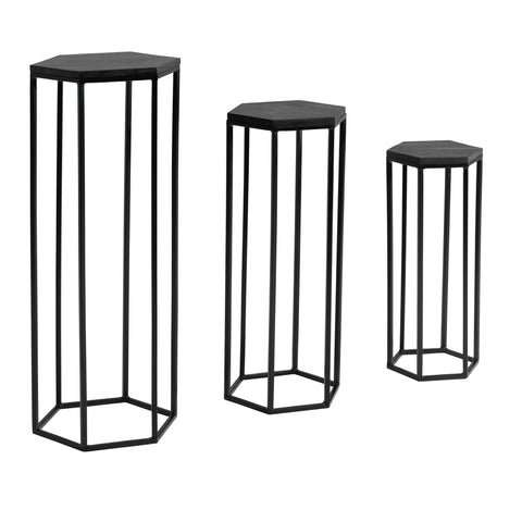 Rootz Beistelltisch 3er Set Mango Massivholz - Satztisch aus Metall sechseckig - Wohnzimmertisch Anbautisch Industrial Black - 3-teiliger Couchtisch Wohnzimmer - Holztisch Blumenhocker 
