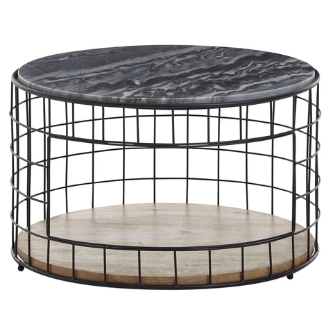 Rootz Couchtisch – Holz-Metallkorb mit Marmorplatte – rundes Design mit Stauraum – moderner schwarzer Wohnzimmertisch – Beistelltisch – 60,5 x 60,5 x 37 cm