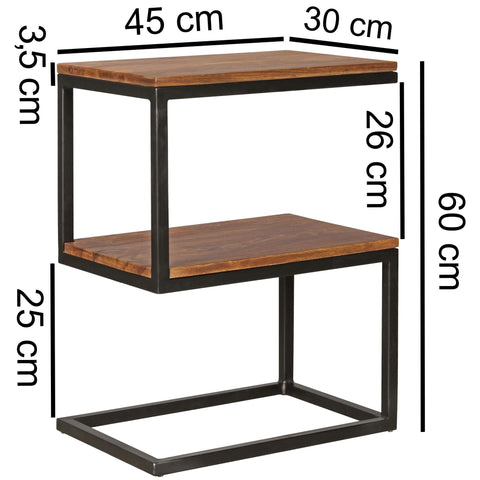 Rootz Side Table - S-Shape Solid Wood Sheesham with Metal - Country Style Living Room Table - Square Storage Table - 45 x 60 x 30 cm
