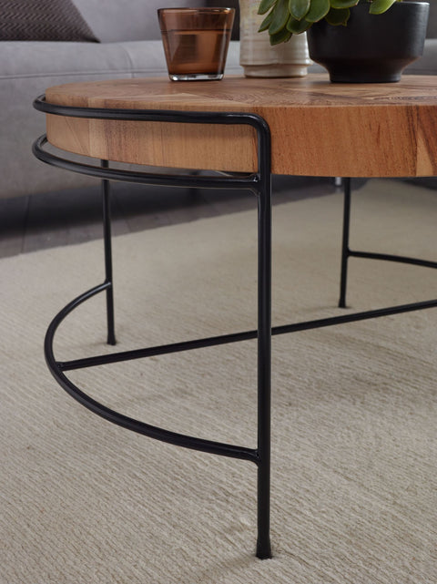 Rootz Couchtisch – Runder Wohnzimmertisch mit Metallbeinen – Kleiner Designer-Industrietisch – Akazien-Massivholz – Metall – 62 x 40 x 62 cm
