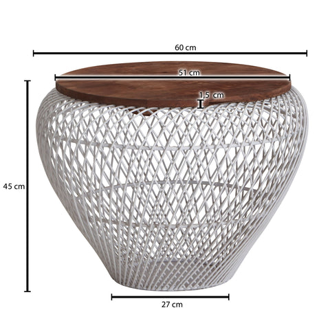 Rootz Coffee Table with Storage Space - Design Living Room Table, Modern Wicker Table - Sofa Table with Wire Basket - White Round - Mango Solid Wood-Metal - 60x60x45cm