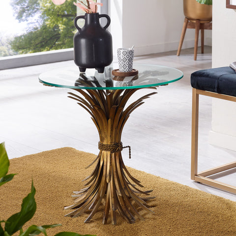 Rootz Side Table - Round Small Coffee Table - Modern Living Room Accent - Gold Glass and Metal - 50x50x50 cm