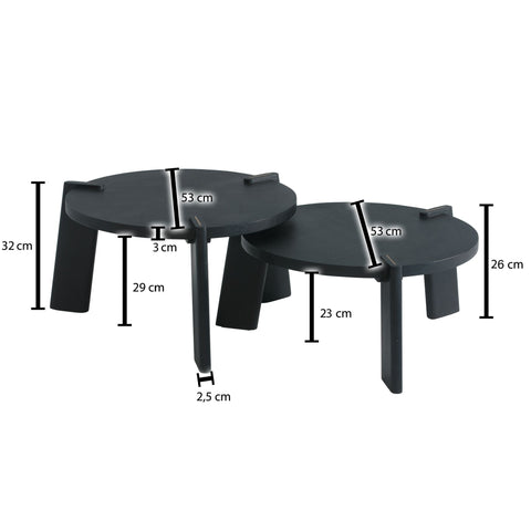 Rootz Design Couchtisch 2er Set Mango Massivholz Wohnzimmertisch schwarz – Satztische Holztisch runder Beistelltisch – Tischset 2-teiliger Couchtisch Holz