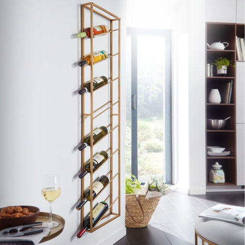 Rootz Gold Metal Wall Rack - Large for 8 Bottles - Design Kitchen Wall Shelf - 36x150x8 cm